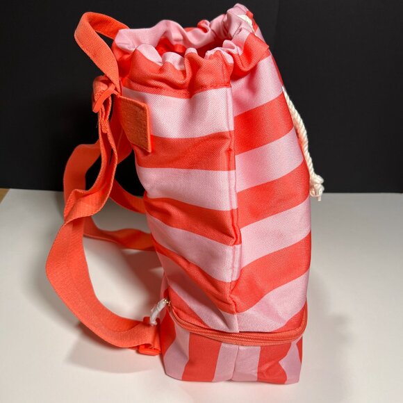 Victoria Secret Backpack Cooler Pocket Beach Bag Logo Drawstring Stripped Pink - Picture 10 of 14